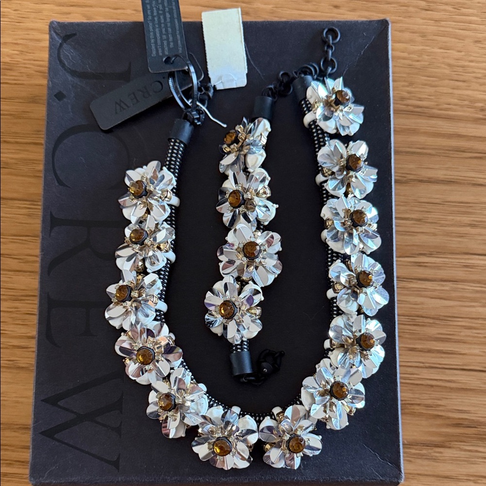 J. Crew Silver and White Floral Necklace and Bracelet set